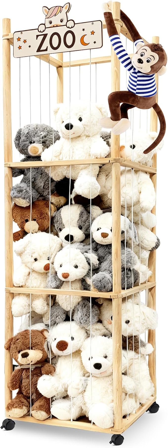 Wooden Stuffed Animal Storage Zoo Organizer - Large Capacity Plushies Holder with Elastic Cords for Stuffed Animals Storage in Playroom, Bedroom and Nursery