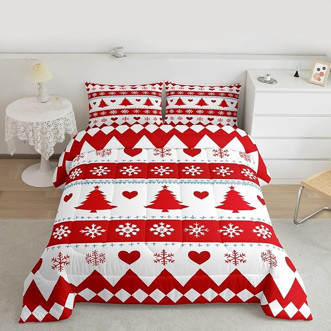 Feelyou Christmas Comforter Set Toddler Size Xmas Tree Bedding Set for Kids Boys Girls Snowflake Heart Duvet Quilt Geometric Bedroom Decor Microfiber 2 Pcs with 1 Pillow Cases