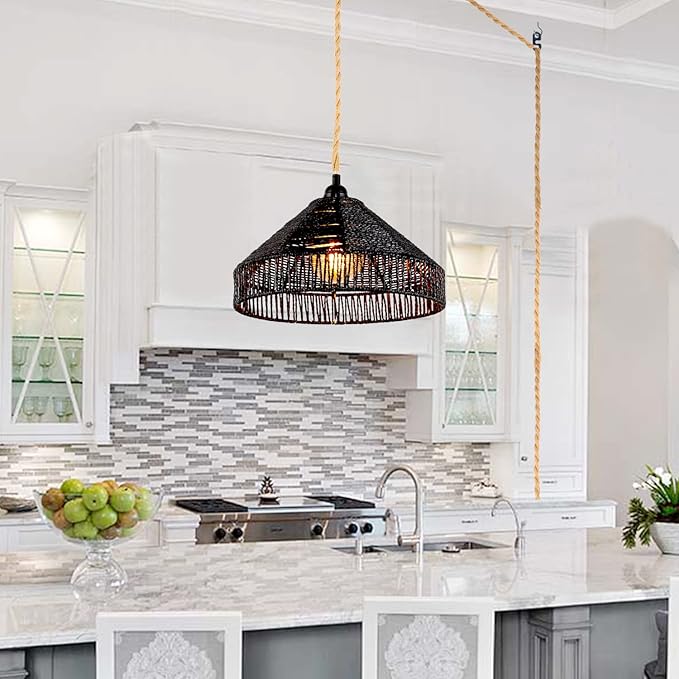 Plug in Pendant Light Rattan Hanging Lamp with On/Off Switch 15 Ft Hemp Rope Modern Woven Pendant Light Fixtures 12" Handwoven Rattan Basket Shade Boho