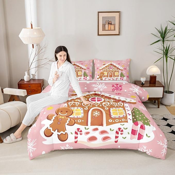 Feelyou Christmas Gingerbread Bedding Set Soft for Boys Girls,Gingerbread House Comforter Set King Size Winter Holiday Decor Duvet Quilt Cute Snowflake Room Decor Pink Decor 3 Pcs with 2 Pillow Cases