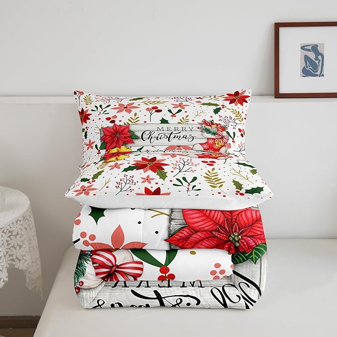 Castle Fairy Merry Christmas Comforter Set Twin Size,Red Xmas Flowers Berry Leaves Plant Bedding Set for Kids Boys Men,Floral Themed Bell Socks Print Quilted Duvet Set with 1 Pillowcase