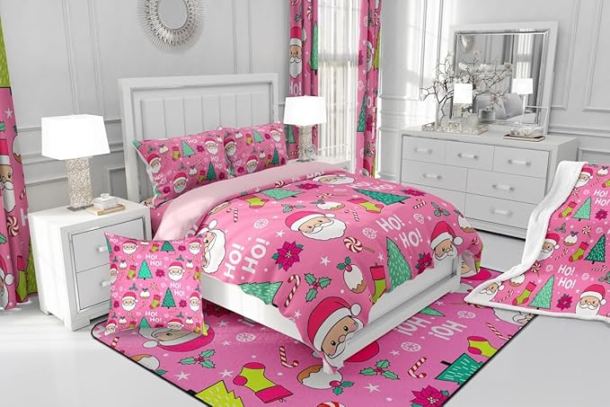 Feelyou Pink Merry Christmas Comforter Set All Season Santa Claus Bedding Set with 2 Pillow Cases Xmas Microfiber Kids Full Bedclothes Happy New Year Bedroom Decor Duvet Quilt Soft Lightweight