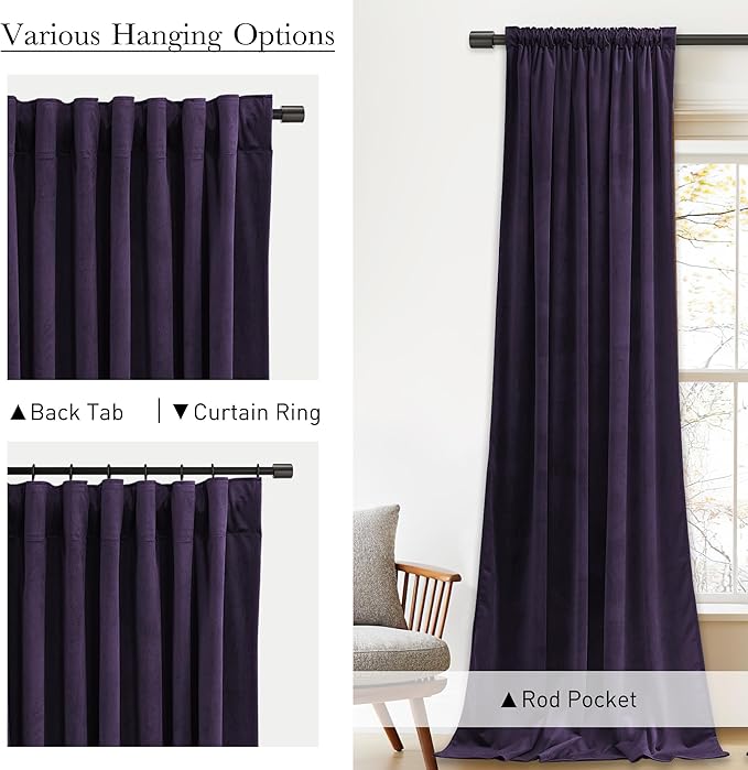 StangH Purple Orchid Velvet Curtains, Room Darkening Super Soft Drapes for Bedroom Living Room, Rod Pocket Back Tab Thermal Insulated Window Treatment, W52 x L84 inch, 2 Panels
