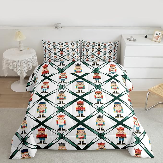 Feelyou Cute Nutcracker Bedding Set Soft for Boys Girls,Green Lattice Pattern Comforter Set Full Size Colorful Duvet Quilt Microfiber Funny Soldier Bedroom Decor Kawaii 3 Pcs with 2 Pillow Cases