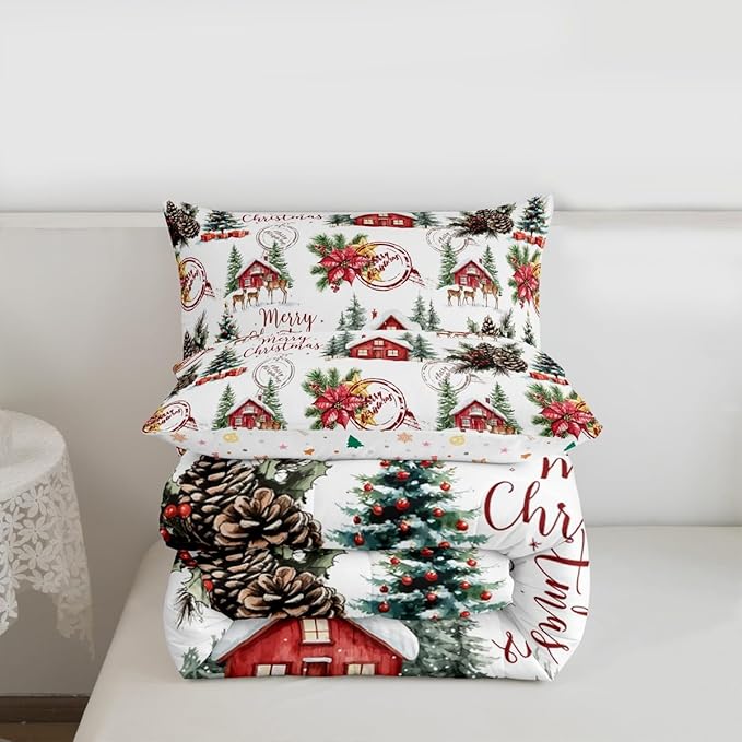 Merry Christmas Kids Bedding Set Queen Size,Poinsettia Winter Xmas Pine Tree Comforter Set,Snowflake Rustic Farmhouse Quilt Comforter,Red Green White Bedroom Duvet Insert,2 Pillowcases
