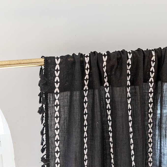 Deeprove Black Boho Curtains 72 inches Long for Bedroom, Vintage Bohemian Embroidery Farmhouse Cotton Linen French Country Tassel Window Treatments Gothic Halloween Decor, W52 x L72, 1 Panel