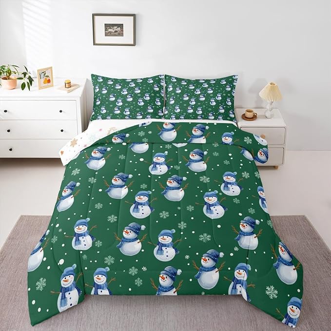 jejeloiu Kids Cute Winter Snowman Comforter Set King Size Green Christmas Theme Bedding Set for Boys Girls Teens Xmas Snowflake Happy New Year Duvet Quilt Room Decor