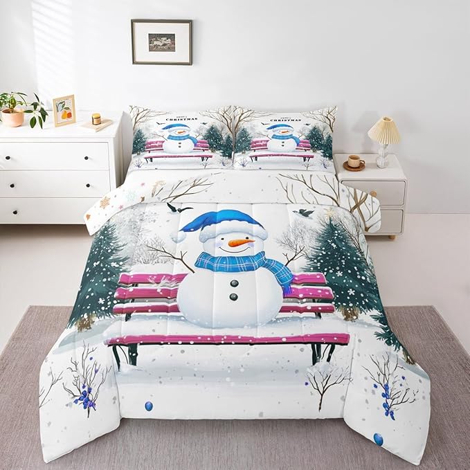 Feelyou Merry Christmas Bedding Set Soft for Boys Girls, Cute Snowman Comforter Set Queen Size Snowflake Duvet Quilt Microfiber Christmas Tree Bedroom Decor 3 Pcs with 2 Pillow Cases
