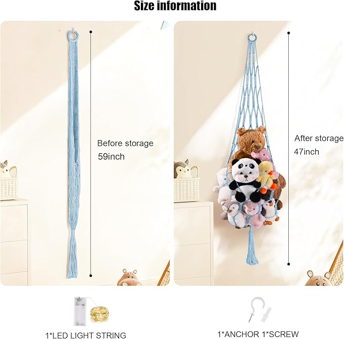 Stuffed Animal Hammock Corner Net with LED Light Plushies Storage Hammock for Stuffed Animals Boho Room Decor Macrame Wall Decor