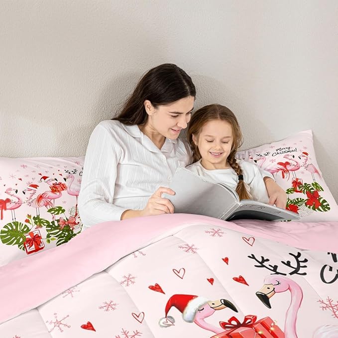 Merry Christmas Kids Comforter Set Toddler Size,Pink Flamingo Cartoon Bird Animal Bedding Set for Girls Room Decor,Winter Snowflake Green Leaves Red Bowknot Quilted Set with 1 Pillowcase