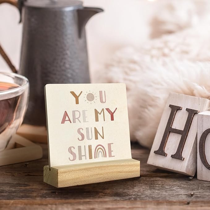 QASHWEY Nursery Shelf Decor, Boho Desk Shelf Decor, Motivational Boho Sun Rainbow You Are My Sunshine Wooden Plaque with Wooden Stand for Home Nursery