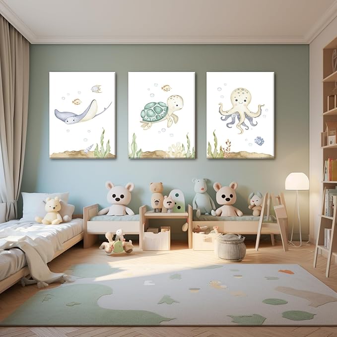 Wodkwq Ocean Nursery Decor, Set of 3, 12x16in Framed Canvas Prints, Under The Sea, Boys Room Sea Animal Wall Art, Nursery Wall Decor