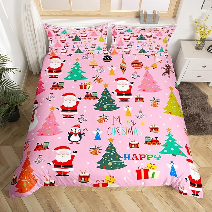 Christmas Bedding Duvet Cover Set Kids Santa Claus Xmas Theme Bedding Set Boys Girls Decor Christmas Tree Comforter Cover Set Microfiber Pink New Year Bedspread Cover Bedroom Bedclothes Toddler Size