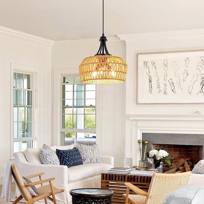 Rattan Pendant Light, 13'' Rattan Chandeliers for Dining Room, Farmhouse Chandelier Light Fixture,Hand Woven Lampshade, Rustic Chandeliers Hanging Light Fixtures for Kitchen Island,Bedroom,Hallway