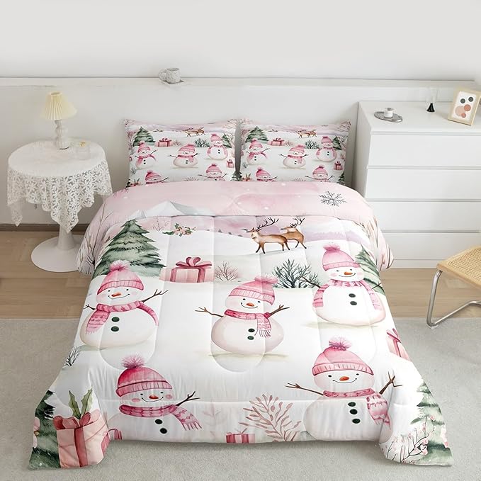 Manfei Merry Christmas Comforter Set King Size,Cute Snowman Pine Trees Deer Bedding Set 3pcs,New Year Theme Down Comforter for All Season,Kids Boys Girls Room Decor,2 Pillowcases,No Sheets