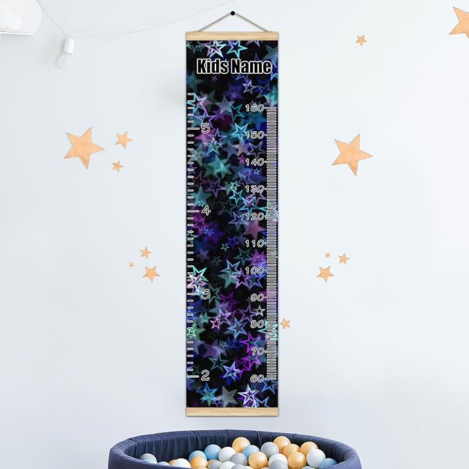 Personalized Kids Name Growth Chart Ruler for Wall Wood Frame Height Measure Chart 13.4x56 in Linen Hanging Height Growth Chart Stars Blue Pink Kids Room Decor
