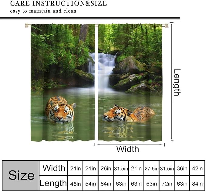 Forest Waterfall Landscape Blackout Window Curtains, Animals Tigers Waterfall Woodland Natural Window Drapes, for Living Room Bedroom 63" W X 63" L