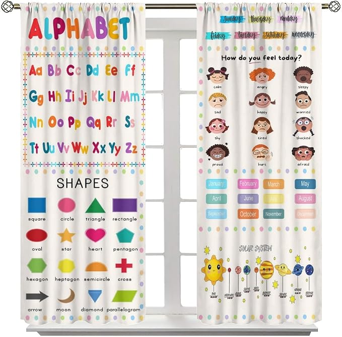 Kids Educational Alphabet Cartoon Curtain Solar System Shapes Cute Knowledge Printed Rod Pocket Blackout Window Drapes for Todders Nursery Baby Bedroom Living Room 52" W X 84" L