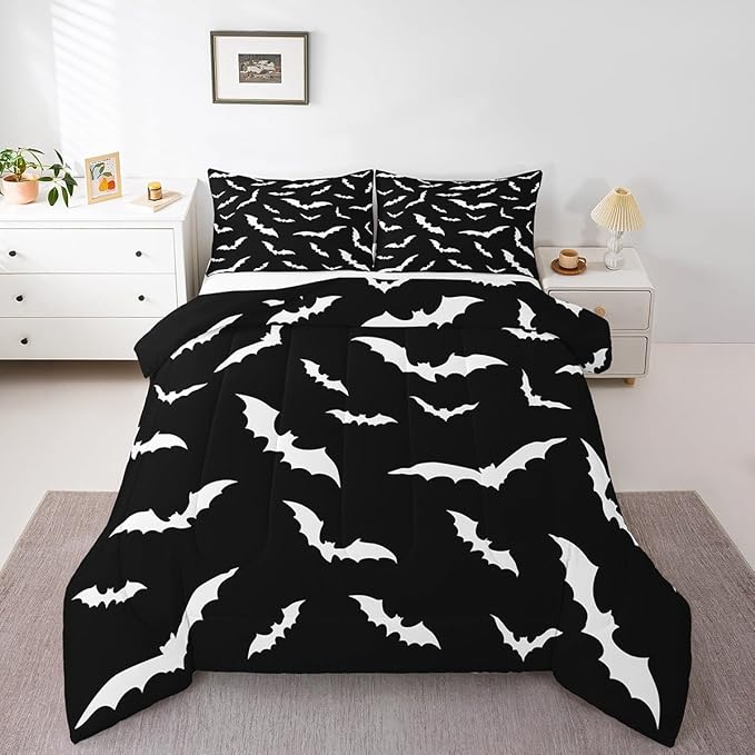 Erosebridal Bat Comforter Set Queen Size for Kids Bedroom with 2 Pillow Cases Happy Halloween Bedding Set Gothic Spooky Duvet Insert Cartoon Style Quilt, Black White