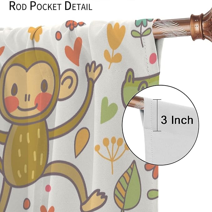 Cute Monkeys Curtains, Zoo Theme Cartoon Funny Animals Crocodile Giraffe Turtle with Flowers Print Thermal Insulation Window Drapes for Kids Boys Girls Baby Bedroom Living Room 55x63in