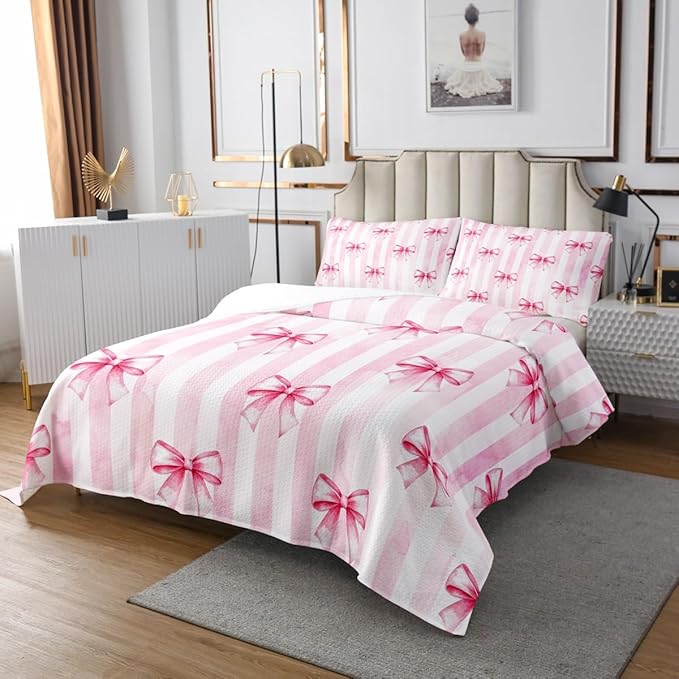 Pink Bowknot Kids Bedspread Twin Size,Bow Tie Geometric Stripe Coverlet Set,Girls Women Room Decor,Butterfly Knot Princess Style Fashion Quilted Coverlet,Pink Romantic Bedding Quilt,1 Pillowcase