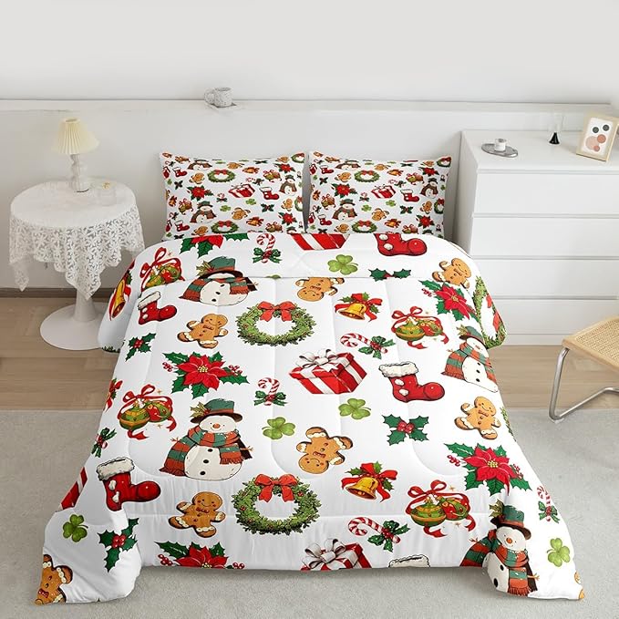 jejeloiu Merry Christmas Comforter Set Queen Size Cute Snowman Bedding Set for Kids Boys Girls Gingerbread Man Duvet Quilt White Bedroom Decor