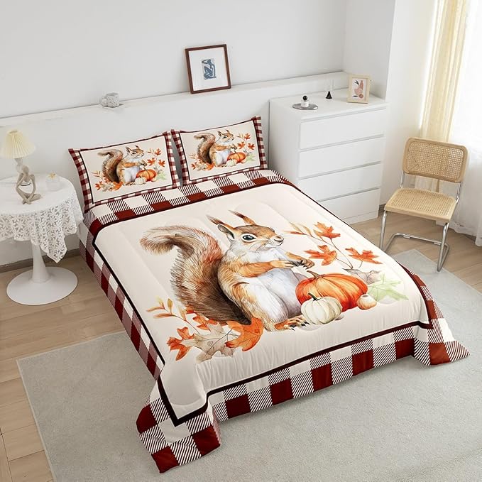 Castle Fairy Autumn Harvest Squirrel Bed Comforter Set Queen Size,Vintage Wood Plank Grid Super Soft Microfiber Bedding Set for Adults Men,Fall Pumpkin Maple Leaf Decorative Comforter Set,3 Pcs