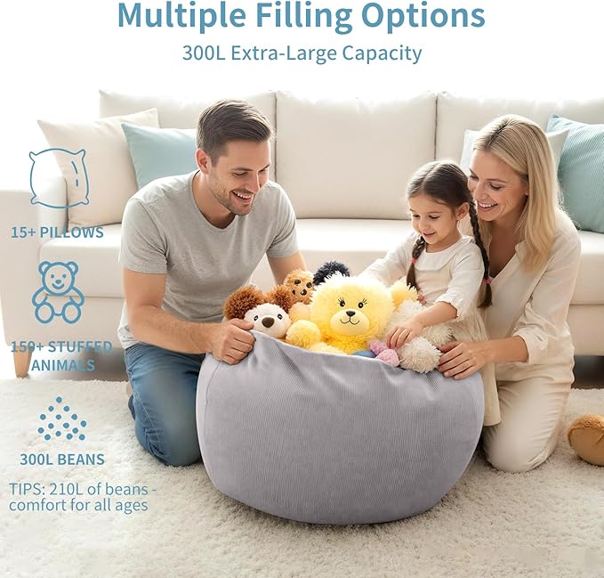 Nobildonna 3 ft Bean Bag Chair Cover (No Filler) 35"×43" Large Stuffed Animal Storage Bean Bag Washable Big Beanbag Chair Cover Premium Corduroy Bean Bag Cover for Adults,Kids,Light Grey 300L