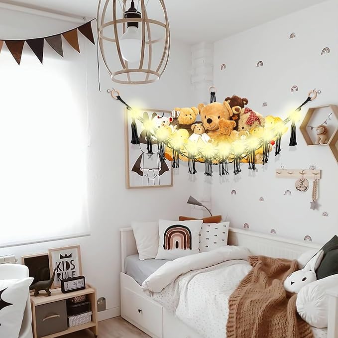 Stuffed Animal Hammock with LED Light, Large Stuffed Animals Storage Corner Plushie Net for Kids Room Decor, Black
