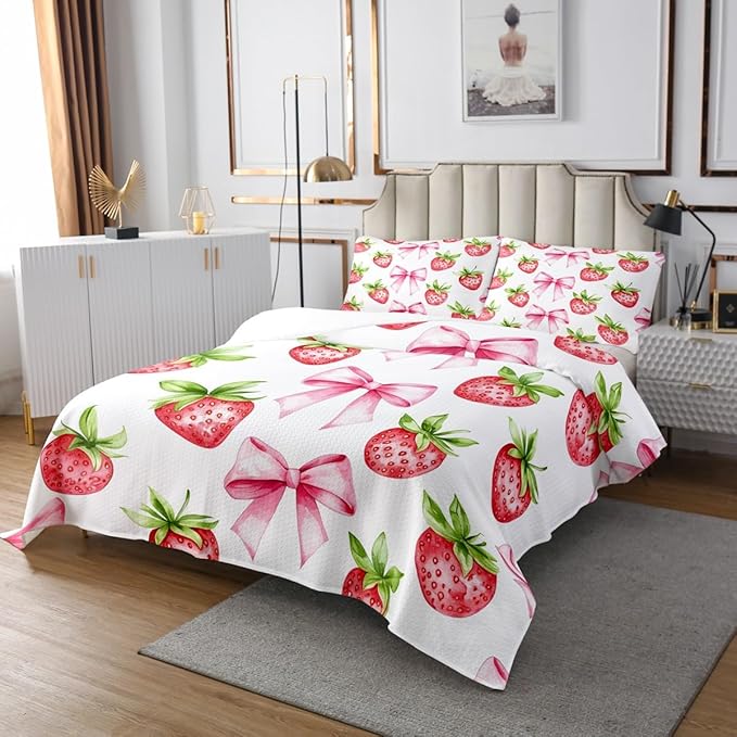 Pink Bowknot Kids Bedspread Queen Size,Strawberry Summer Fruit Cartoon Cute Coverlet Set,Girls Women Room Decor,Bow Tie Butterfly Knot Princess Quilted Coverlet,Unique Bedding Quilt,2 Pillowcases