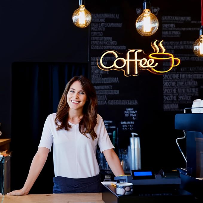 Coffee Neon Sign for Party LED Neon Sign for Wall Decor Led Neon Lights for Teen Bedroom Decor Art Light Up Letters Coffee Neon Signs for Cafe Shop Room Decorations USB 5v 21.7x13.8 Inch (Warm White)
