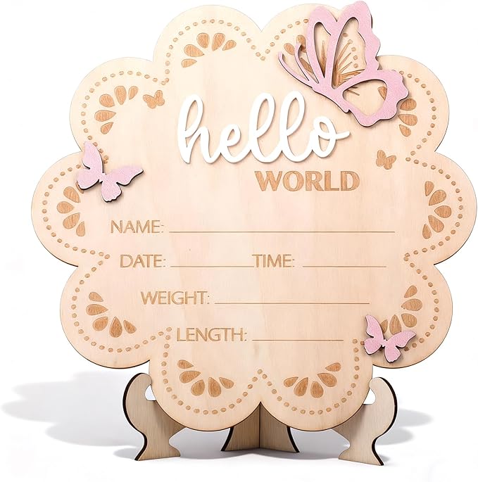 Wooden Baby Announcement Sign, Butterfly Design, Hello World Newborn Welcome Plaque for Photo Props, Baby Shower, Hospital, Nursery Decor