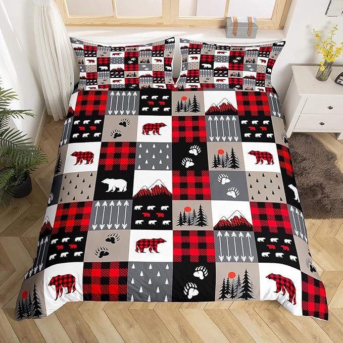 Manfei Christmas Duvet Cover Set King Size Cute Bear Tree Print Comforter Cover Geometric Checkered Bedding Set 3pcs for Kids Boys Girls Cartoon Animal Bedspread Cover with 2 Pillowcases,No Comforter