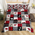 Manfei Christmas Duvet Cover Set Twin Size Cute Bear Tree Print Comforter Cover Geometric Checkered Bedding Set 2pcs for Kids Boys Girls Cartoon Animal Bedspread Cover with 1 Pillowcase,No Comforter
