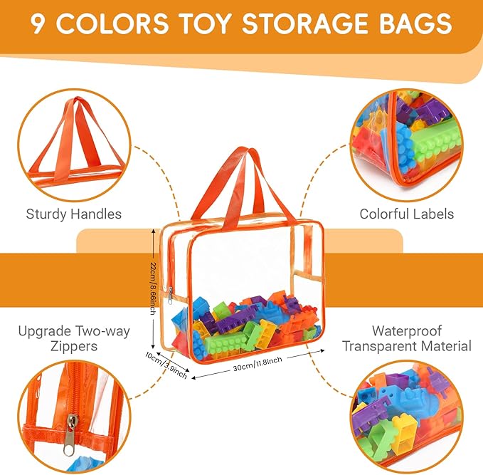 9 Packs Large Toy Storage Bags,Kids Toy Organizer with Zipper and Lables,Clear PVC Board Game Storage,Kids Organizer Bags for Building Blocks,Puzzle,Books...(9 Colors)