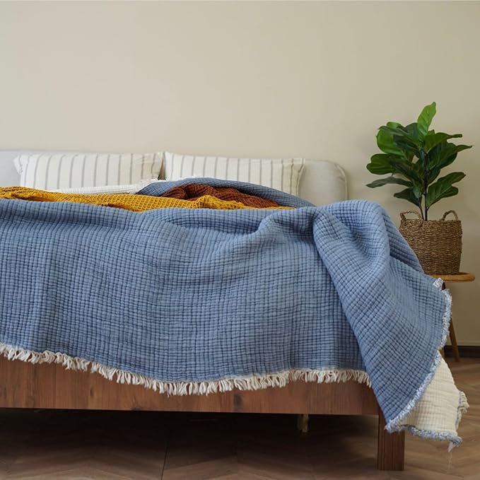 Cotton Muslin Blanket – Soft Muslin Comforter Quilt Made from Premium Muslin Fabric, Lightweight Breathable Cotton Quilt for All Seasons (Dusty Blue, Twin)