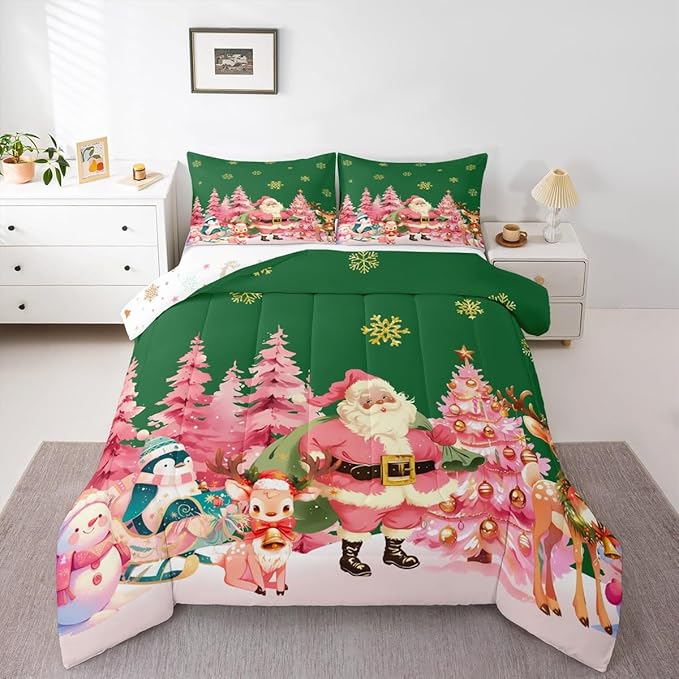 jejeloiu Merry Christmas Comforter Set Queen Size Santa Claus Bedding Set for Kids Boys Girls Cute Deer Duvet Quilt Green Bedroom Decor