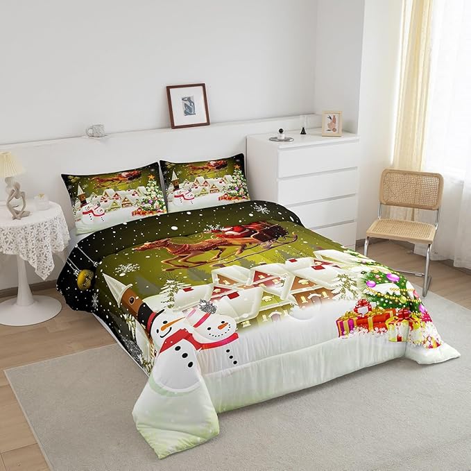 Manfei Christmas Comforter Set King Size, Xmas Tree Snowman Quilt Set with 2 Pillowcases, Santa Claus with Deer Bedding Set 3pcs for Kids Boys Girls Room Decor New Year Theme Duvet Insert