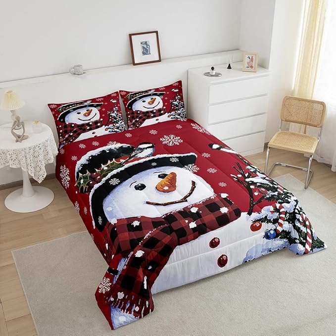 Feelyou Kids Christmas Theme Decorations Bedding Set Xmas Snowman Comforter Set for Boys Girls Snowflake Kawaii Cute Comforter Red Quilt Set Bedroom Collection Toddler Size