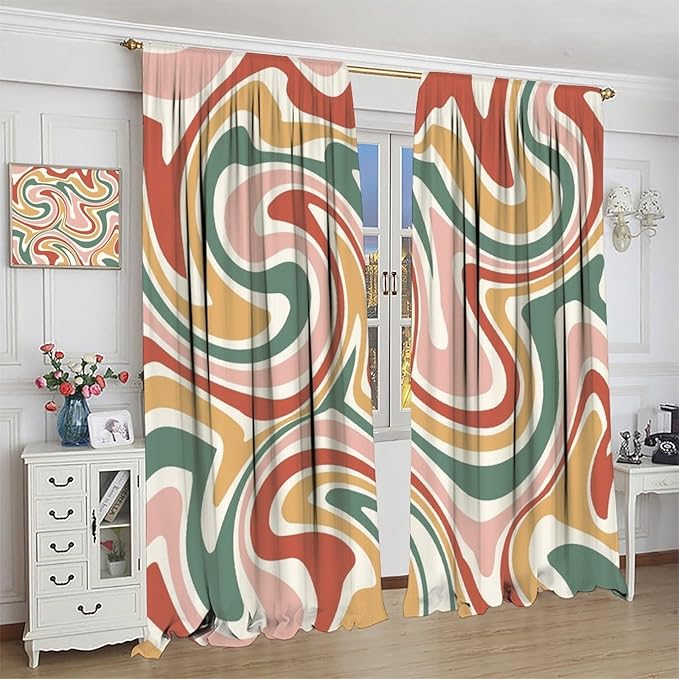 70S Abstract Wavy Swirl Curtain for Bedroom Windows,Retro Boho Minimal Teen Girls Kids Living Room Restroom Window Treatments Drapes 55"" W X 63"" L, Style-4
