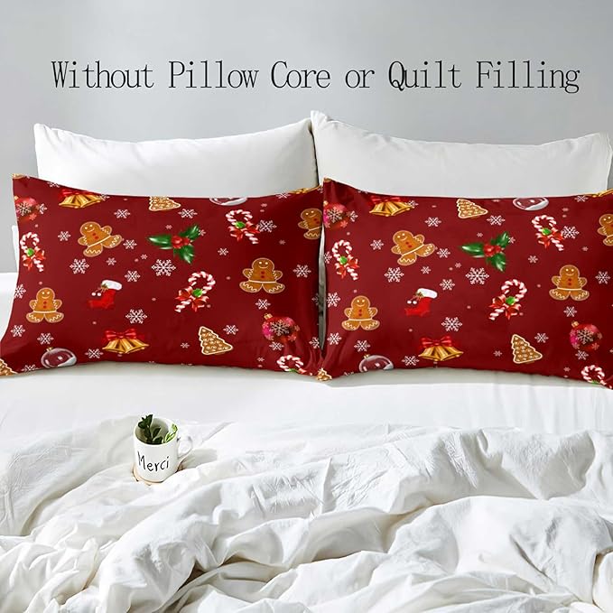 LUVIVIHOME 3PCS Christmas Duvet Cover King Bedding Set, Red Duvet Cover, Boys Girls Kids Bedding, Cute Gingerbread Snowflake Holiday New Year Xmas Gifts Christmas Comforter Quilt Cover, 2 Pillow Cases