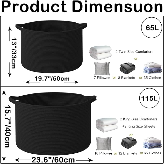 Large Blanket Basket for Organizing,65L Closet Organizers and Storage Bins Box for Shelves Woven Rope Storage Baskets,Living Room,Bedroom,Dorm,Laundry room (Black)