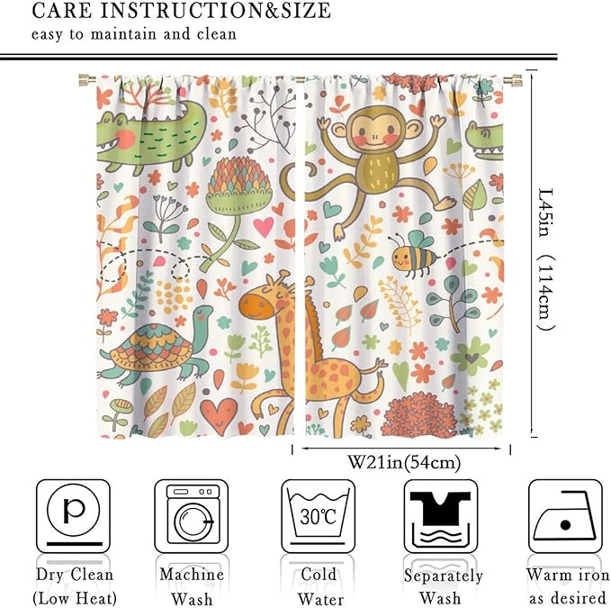 Cute Monkeys Curtains, Zoo Theme Cartoon Funny Animals Crocodile Giraffe Turtle with Flowers Print Thermal Insulation Window Drapes for Kids Boys Girls Baby Bedroom Living Room 42x45 Inch