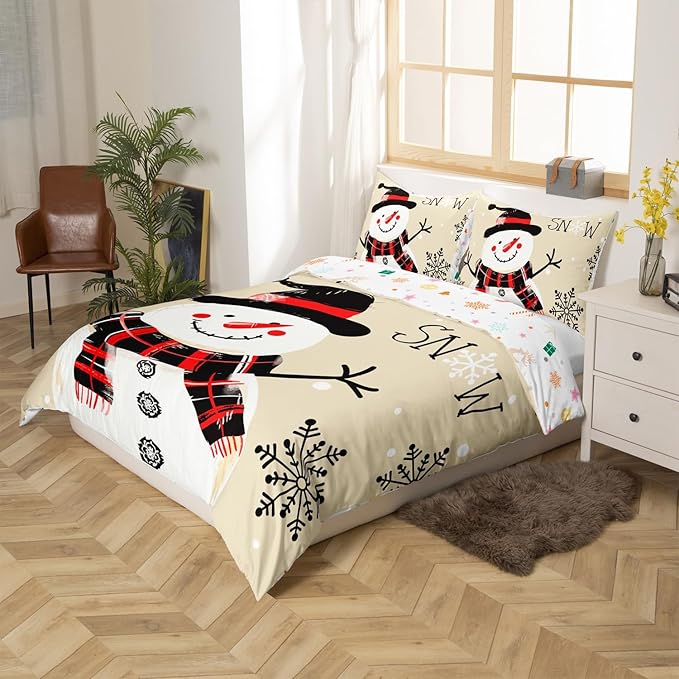 Manfei Kids Snowman Duvet Cover Set King Size, Black Snowflake Xmas Comforter Cover with 2 Pillowcases, Christmas Theme Bedding Set 3pcs for Boys Girls Adults New Year Bedspread Cover,No Comforter