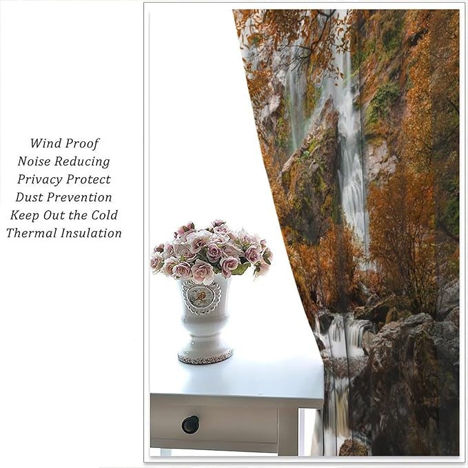 Forest Waterfall Blackout Curtains, Autumn Jungle Mountains Fall Nature Landscape Window Drapes, for Bedroom Living Room 42" W X 45" L