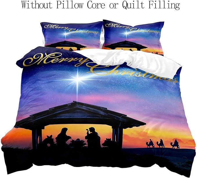 LUVIVIHOME 2PCS Christmas Duvet Cover Twin Bedding Sets, Purple Blue Galaxy Sunset Manger Nativity Scene O Holy Night Winter Holiday Xmas Christmas Comforter Quilt Cover, Bed in a Bag, 1 Pillow Sham