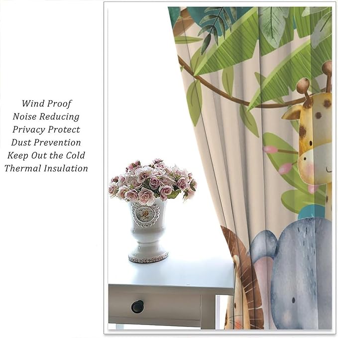 Jungle Animals Curtains Colorful Forest Cartoon Wildlife Lion Giraffe Elephant for Kids Boys Girls Nursery Bedroom Living Room Blackout Rod Pocket Decoration Window Drapes 2 Panels W27.5xL63in