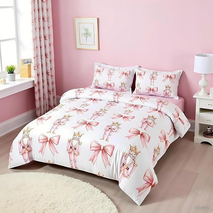 7 Pieces Cartoon Nutcracker Kids Comforter Set King,Pink Bowknot Romantic Princess Bedding Set,Ballet Merry Christmas Bow Tie Dreamy（Comforter+Fitted+Flat Sheet+2 Pillowcases+2 Throw Pillow Covers）