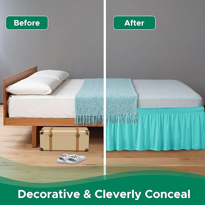 Biscaynebay Wrap Around Bed Skirts for King & Cal King Beds 15" Drop, Aqua Adjustable Elastic Dust Ruffles Easy Fit Wrinkle & Fade Resistant Silky Luxurious Fabric Machine Washable