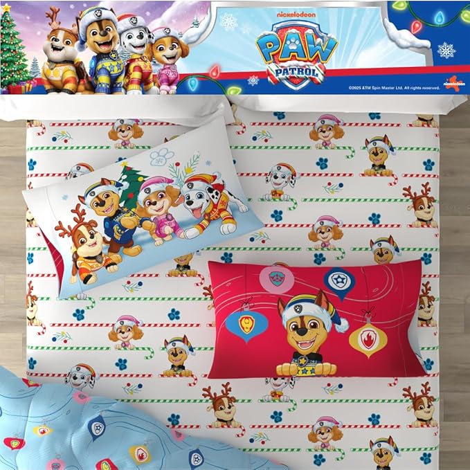 PAW Patrol Holiday & Christmas Kids Bedding Soft Comforter and Sheet Set with Sham, 7 Piece Full Size, (Officially Licensed Product) by Franco